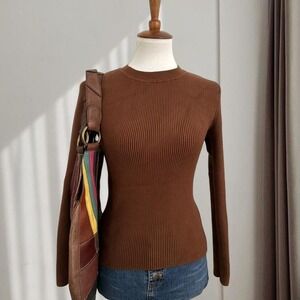 Abercrombie & Fitch Womens Brown Ribbed Long Sleeve Crew Neck Top Small